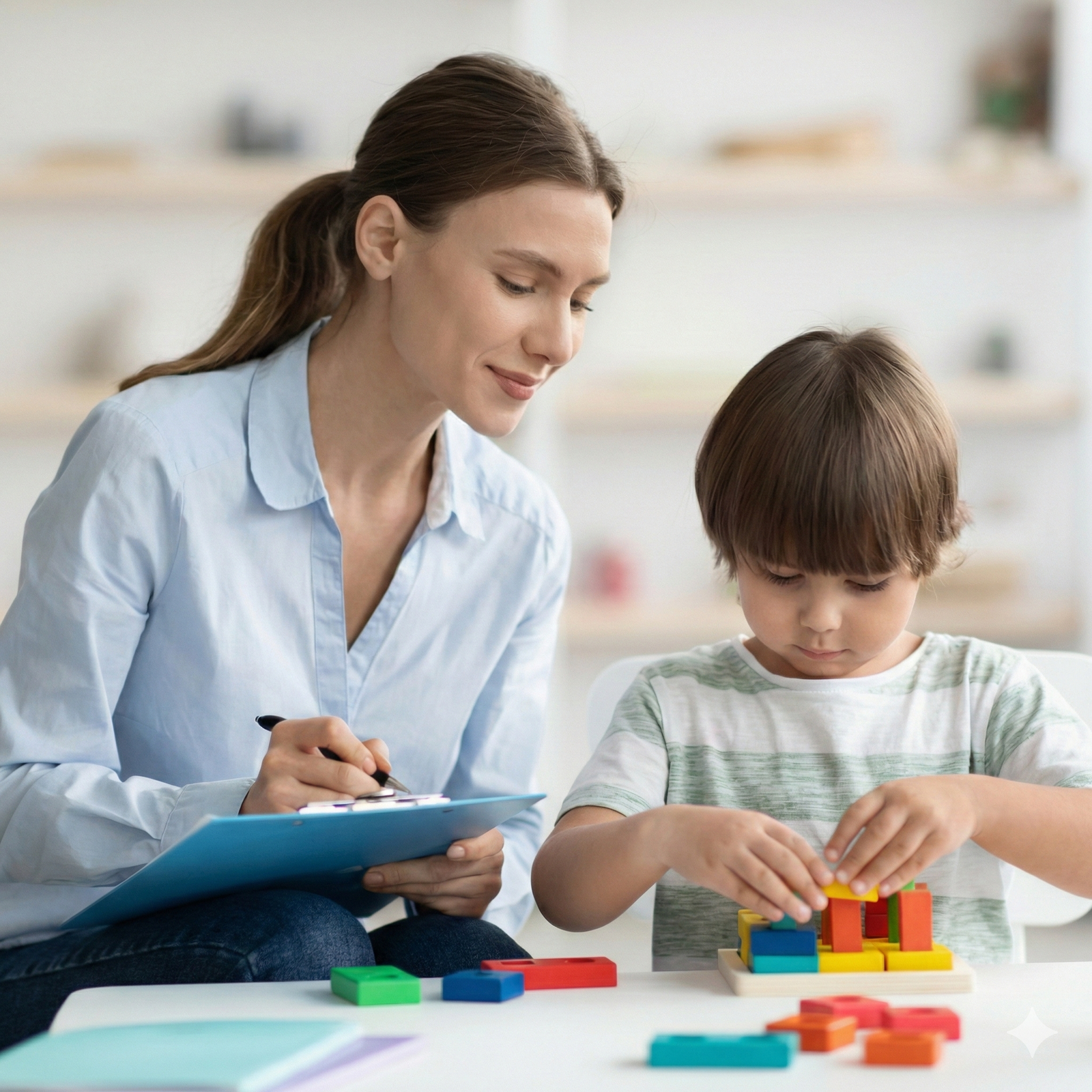 Woman and child building with colorful blocks